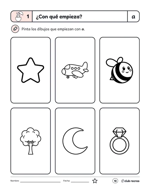 Pintar los dibujos que empiezan con a, entre seis dibujos