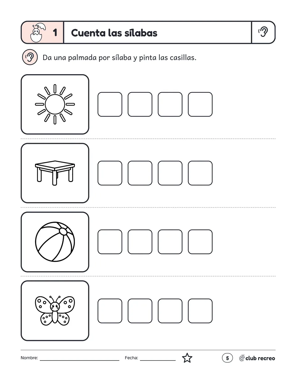 Contar sílabas con palmas: sol, mesa, pelota y mariposa con casillas para pintar