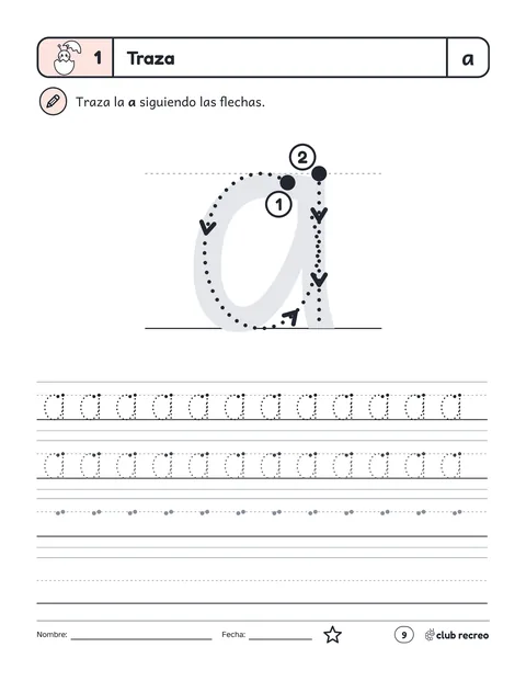 Página del Libro 1: trazar la letra a siguiendo flechas numeradas