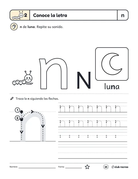 Conoce la letra n, de luna, con su trazo y renglones para repasar