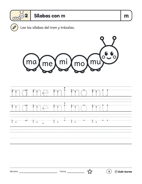 Página del Libro 2: el tren de Tuli con las sílabas ma, me, mi, mo, mu para leer y trazar