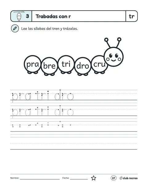 Página del Libro 3: trabadas con r, con las sílabas pra, bre, tri, tro y tru