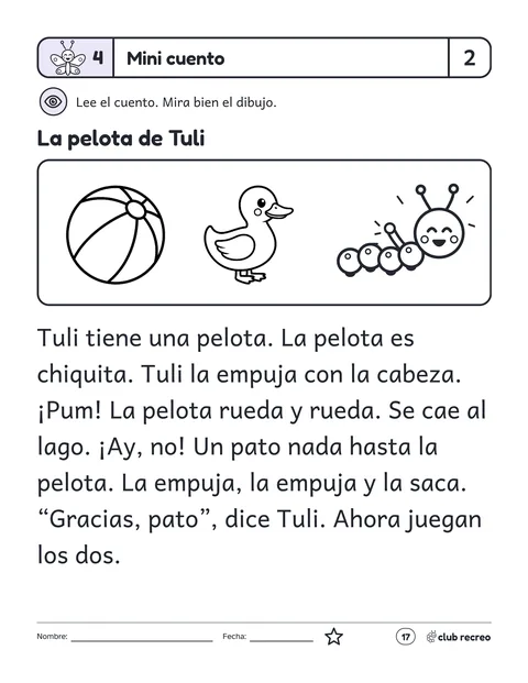 Mini cuento La pelota de Tuli, con dibujos de una pelota, un pato y Tuli